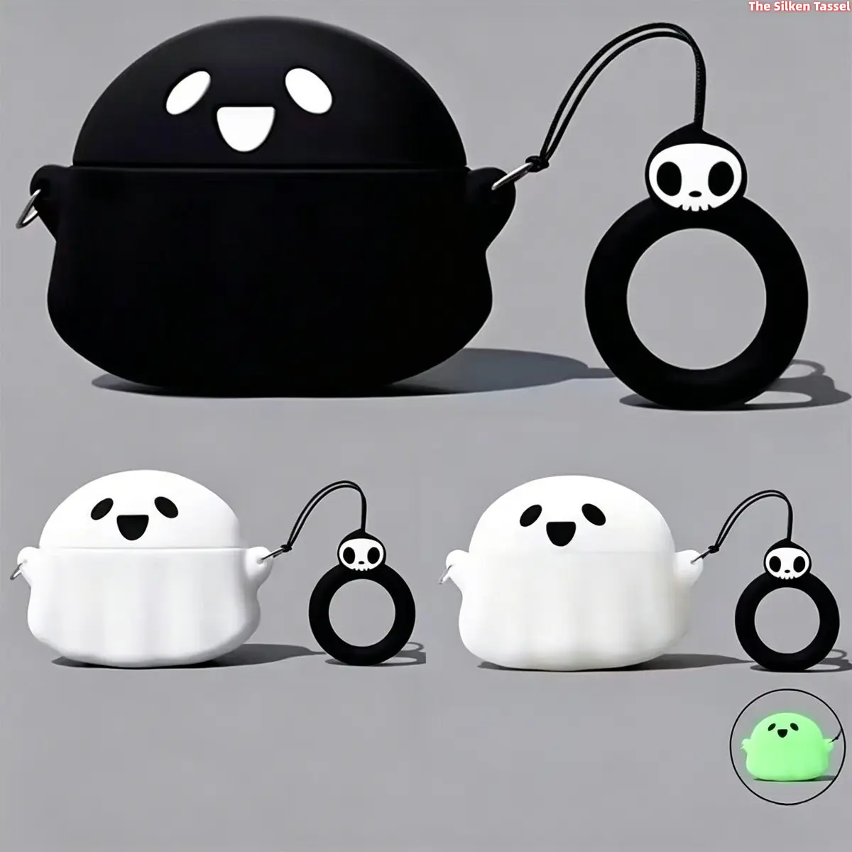 Glow In Dark Black & White 3D Cute Ghost Silicone Case, Shockproof Creative Protective Cover Compatible With Apple AirPods Pro / Pro 2, Soft Earbuds Charging Box Shell (Earphones Not Included) tiktokshopbacktoschool