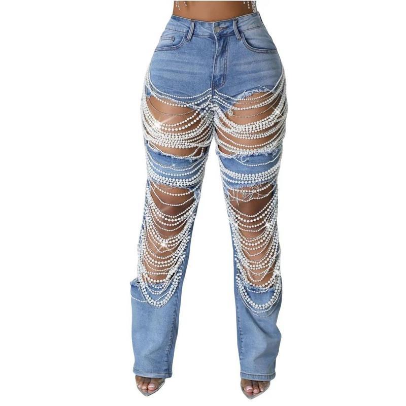 Women Fashion Pearl Beading Ripped Hollow Out Tassel Wide Leg Jeans 2024 New Summer Street Denim Pants