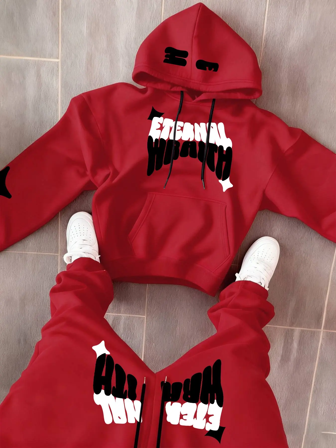 Men's Y2K Graffiti Letter Print Hoodie Set, Drawstring Long Sleeve Hooded Sweatshirt + Jogger Pants, Casual Streetwear