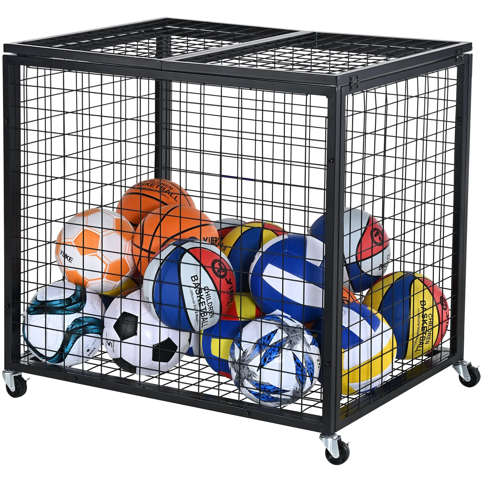 VEVOR Carbon Steel Sports Ball Storage Cart with Wheels, Double-Lid Rack for Basketball, Soccer, Rugby, Door-Mountable Sport Equipment Organizer for Garage, Gym Use, Doors