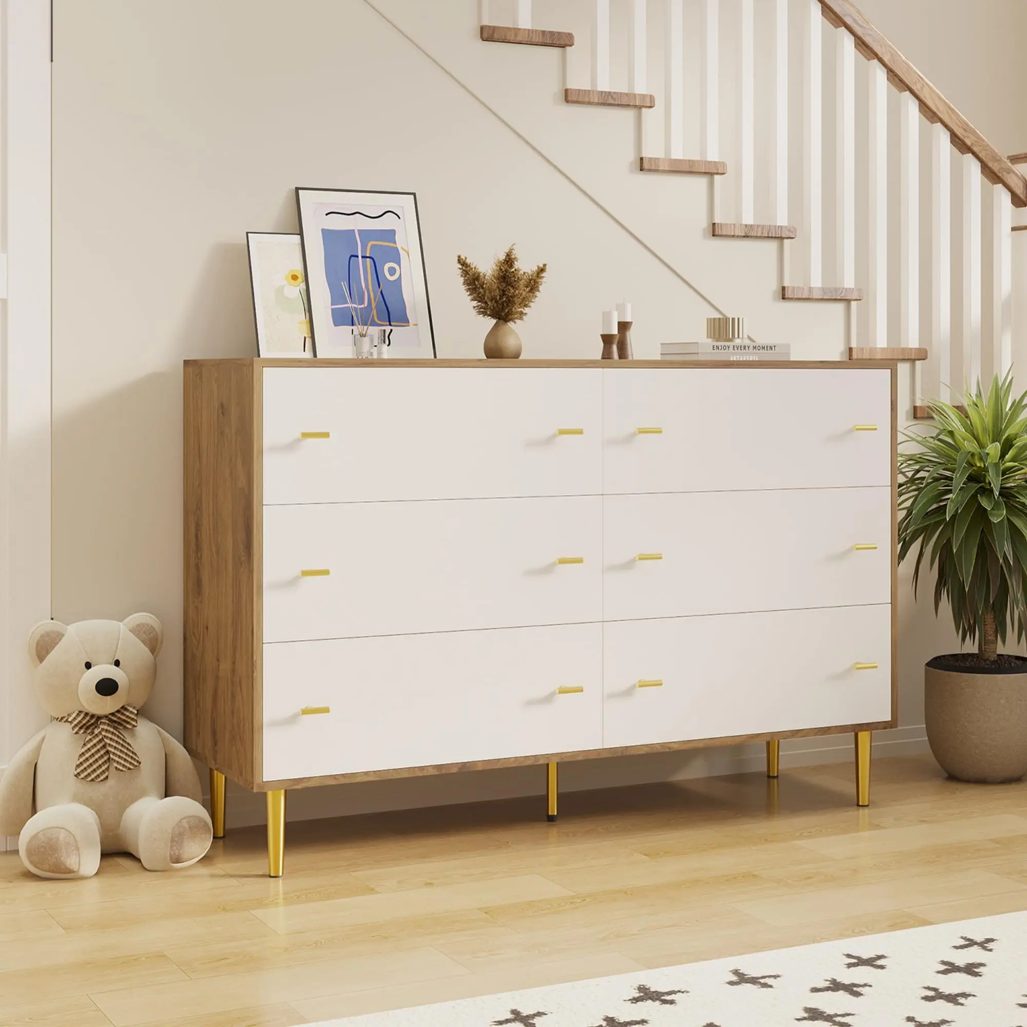 Garvee Farmhouse Style 6-Drawer Dresser for Bedroom, 47.2 in Wide Rustic Wood Chest with Large Drawers and Bar Handles, Includes Drawer Organizer for Living Room, Hallway, Entryway, Pine and White Finish