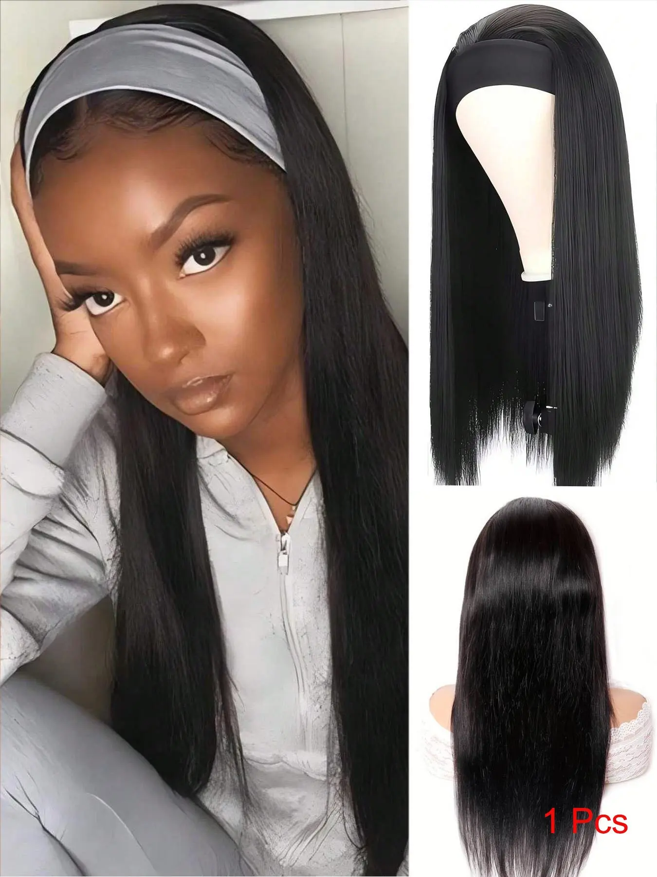26 Inch Headband Wig for Women, Long Straight Synthetic Hair Wig with Black & Leopard Headband, Natural Looking Glueless Wig, Easy Wear Hairpiece for Daily Party Style