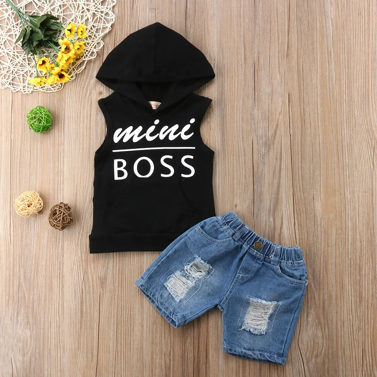 Toddler Baby Boy 2 Piece Summer Outfit Mini Boss Letter Print Sleeveless Hoodie Tank Top Distressed Denim Shorts Casual Clothing Set
