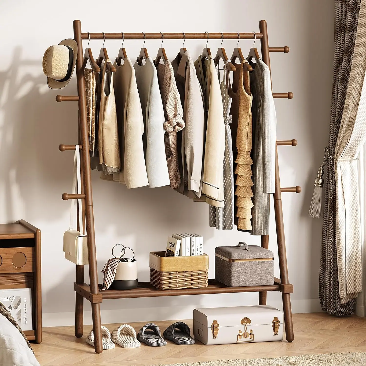 Solid  Clothes Rack - Heavy Duty Clothing Racks for  Clothes with 8 Hooks, Portable Garment Rack for Dress Shirt Shoe, Freestanding Wardrobe Coat Racks with Shelf for Closet Bedroom
