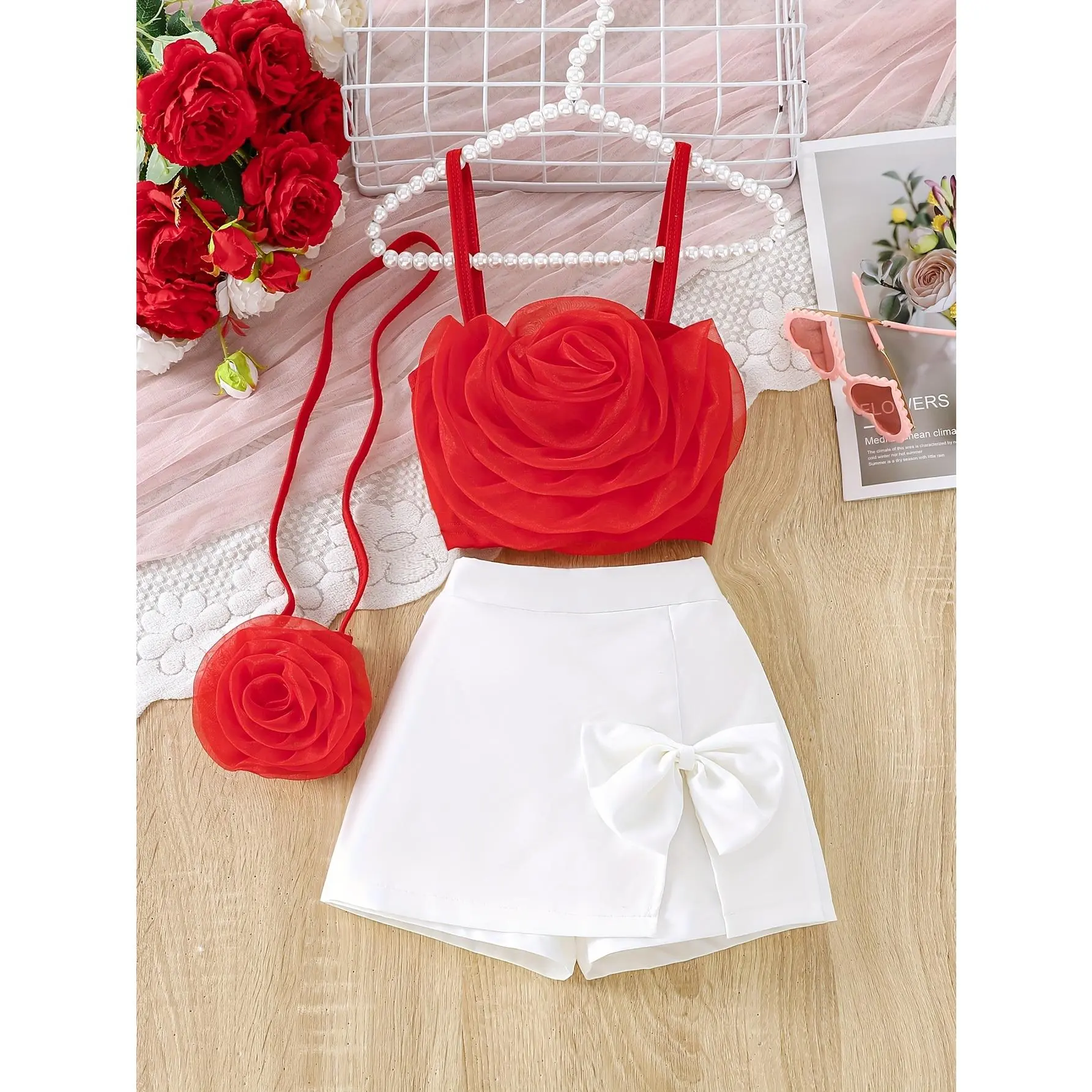 Kids Girls 3D Floral Hot Pink Top White Skort Matching Bag 3 Piece Outfit Sweet Summer Toddler Clothing