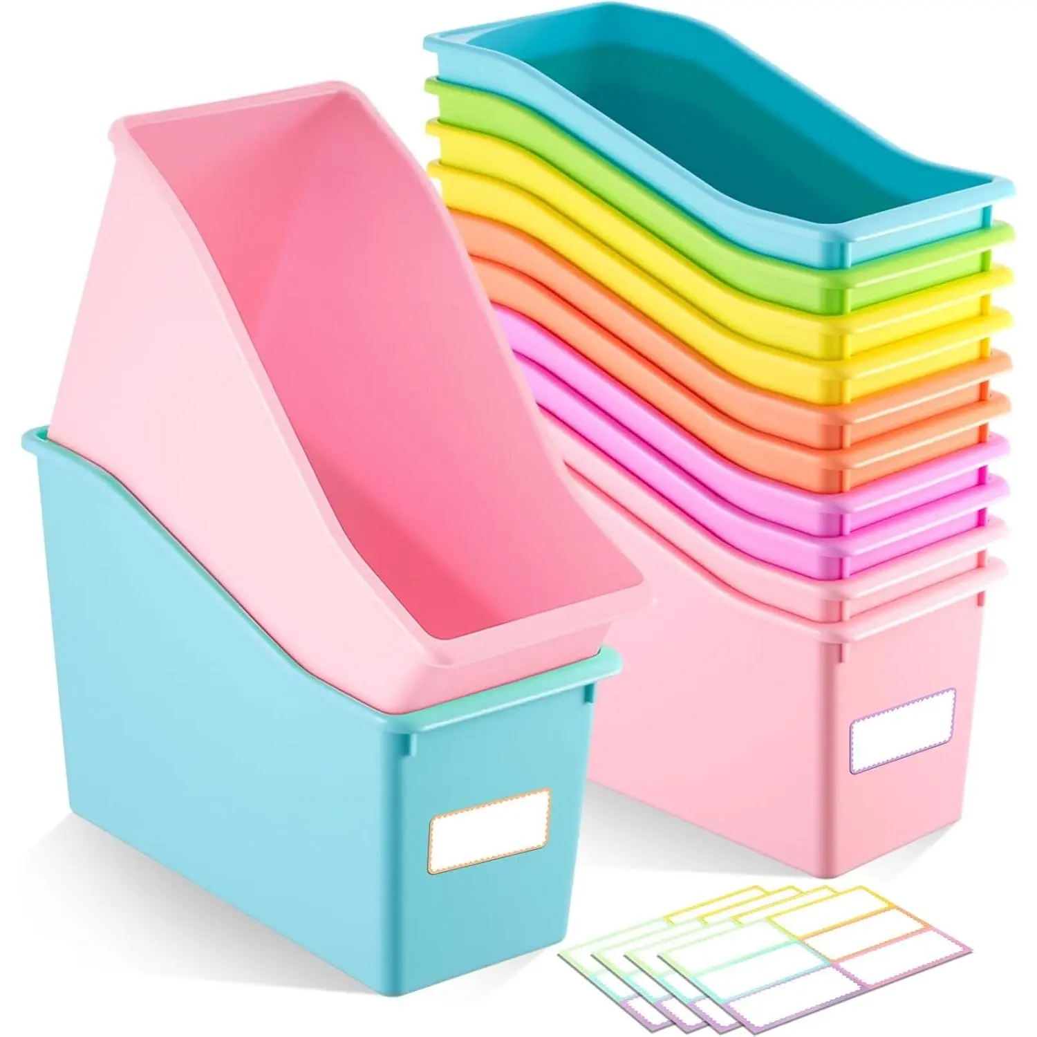 12 Pcs Book Bin for Classroom with Labels Stackable Plastic Organizing Bins 11.5 x 5.4 x 7.5 in Book Holders Storage Bins Box Baskets for Classroom Library Home (Pastel Color)