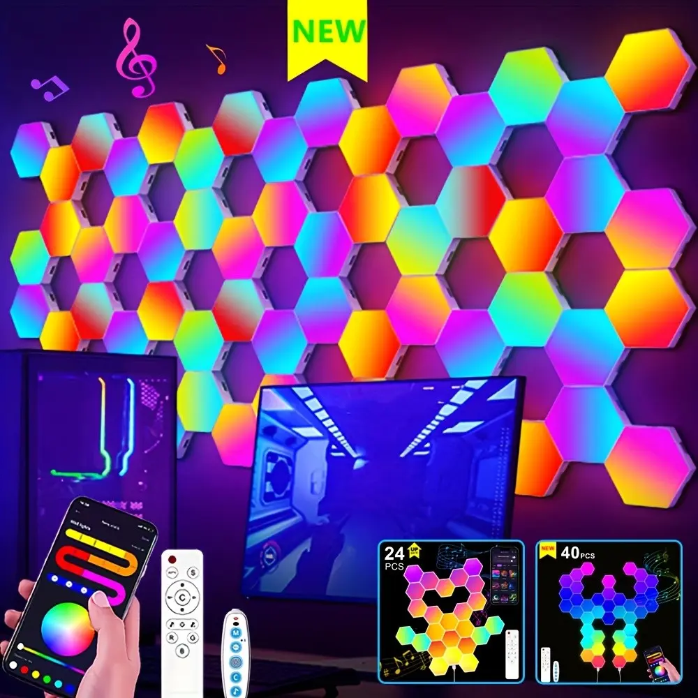 Upgraded 7/16/24/40pcs Smart Hexagonal Light, Dual Control Via App/Remote, Synchronized Music. Suitable for Bedrooms, Living Rooms, And Game Decoration LED Lights. A Top Choice for Halloween, Christmas, New Year'S, And Birthday Gifts