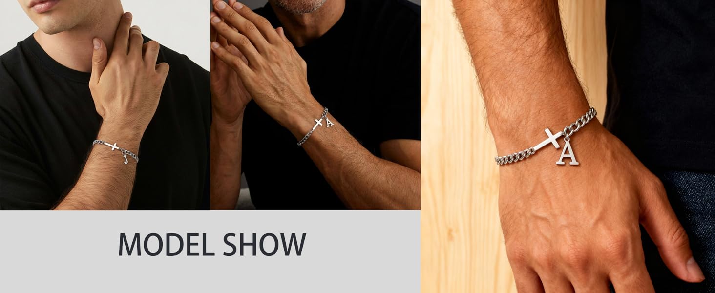 Cross Beaded Bracelets for Men Initial A - Z Faith Cross Bracelets, Fashion Initial Charm Bracelet Religious Baptism Communion Confirmation Christmas Valentines Jewelry Gift for Men