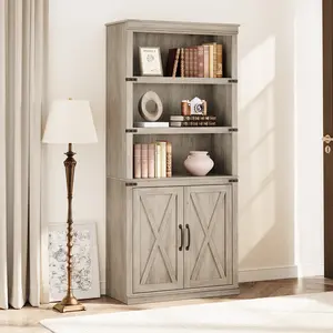 Rustic Farmhouse Entryway Cabinet Bookcase - 5-Tier Tall Wooden Storage Organizer with Doors, Open Shelves, Sturdy for Living Room, Bedroom, Home Office