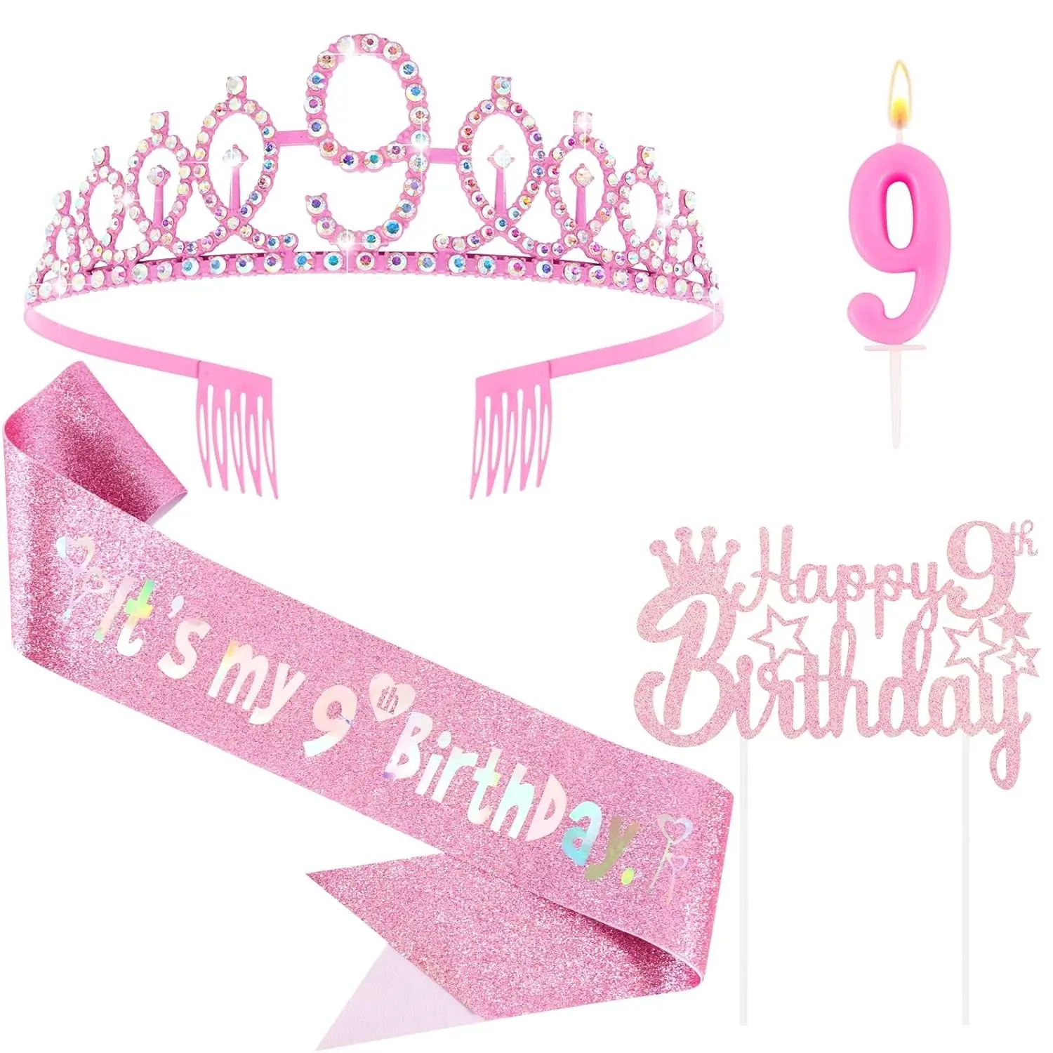 Girls' Happy 9th Birthday Party Decorations Set - Pink Crown, Glittered Sash, 9 Number Candle, Cake Topper Kit for Celebration Supplies Gift, Happy Birthday