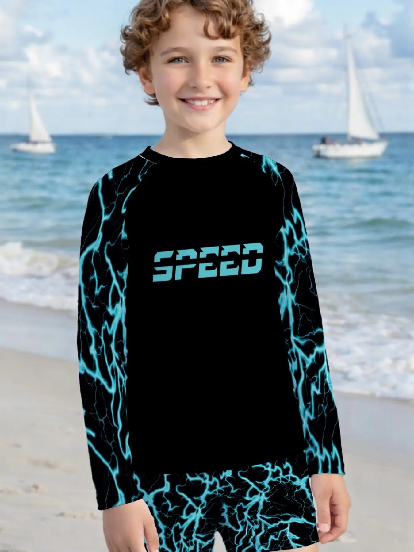 Base Blue Lightning Speed Boys' Swimwear Set, Quick-Dry Beach Surf Suit, Kids' Pool & Water Park Clothing, Two-Piece