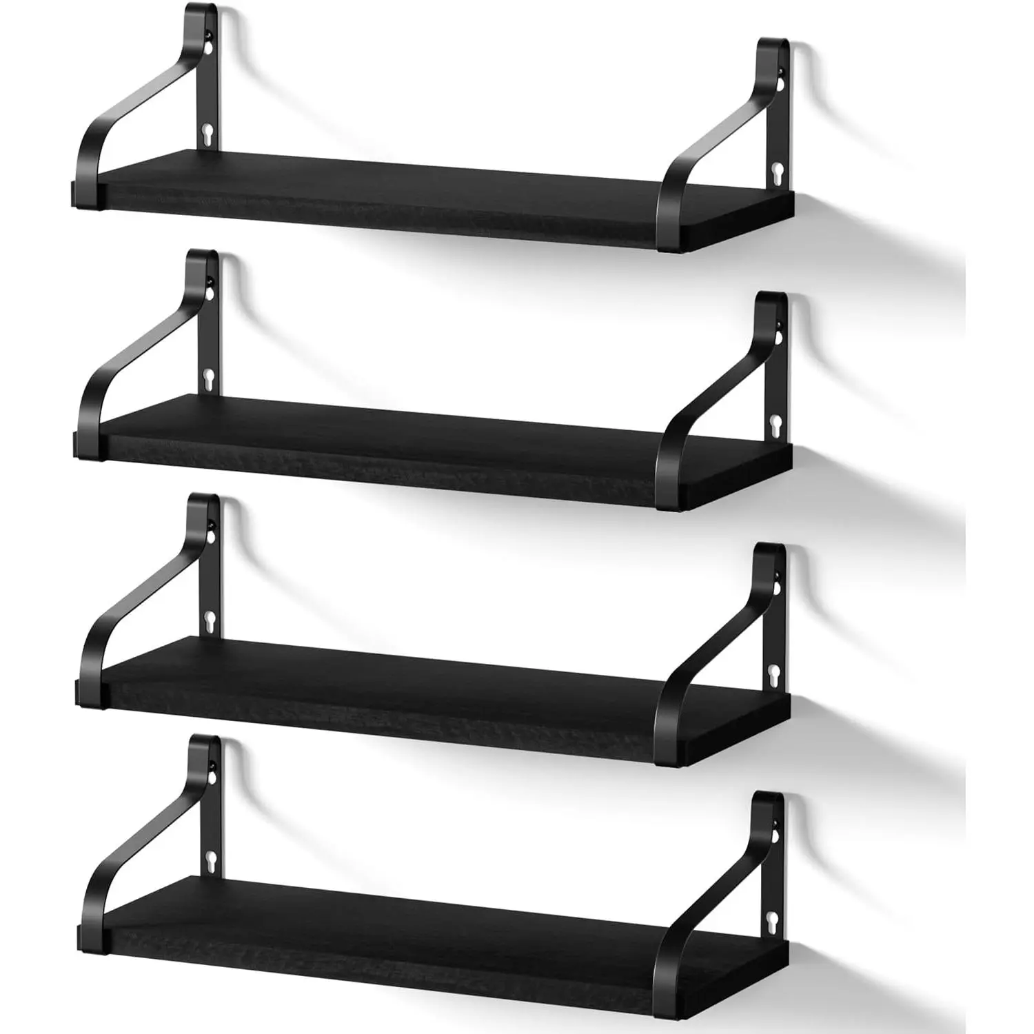 Black Floating Shelves for Wall Set of 4, 15.7 Inch Wood Wall Shelves with Bracket, Rustic Hanging Shelves for Bathroom, Bedroom, Kitchen,Living Room, Office Display