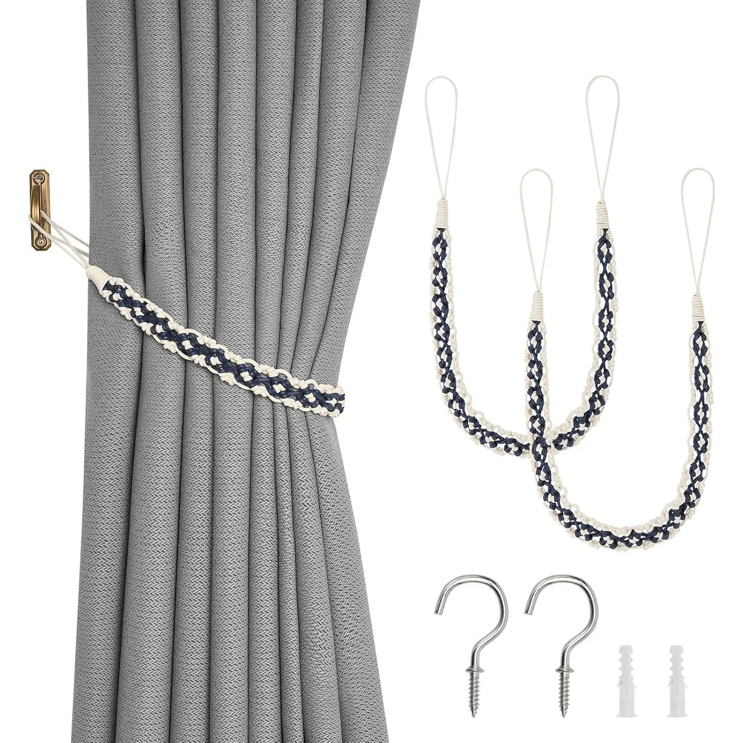 2 Pack Wax Rope Curtain Tiebacks Elegant Boho Style Decorative Drape Tie Backs  Hand-Woven Rope Curtain Holdbacks with Metal Hook for  & Office Drapery (Dark Blue & Beige), Room Decor, Two Piece Set