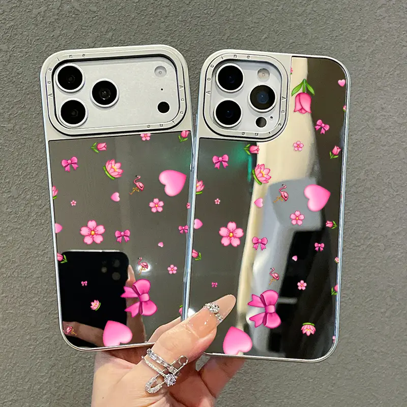 Cute Flamingo Emoji Mix iPhone 17–12 Mirror Case | Glossy Reflective Finish + Electroplated Frame | 2-in-1 Floral Aesthetic Shockproof Protective Cover