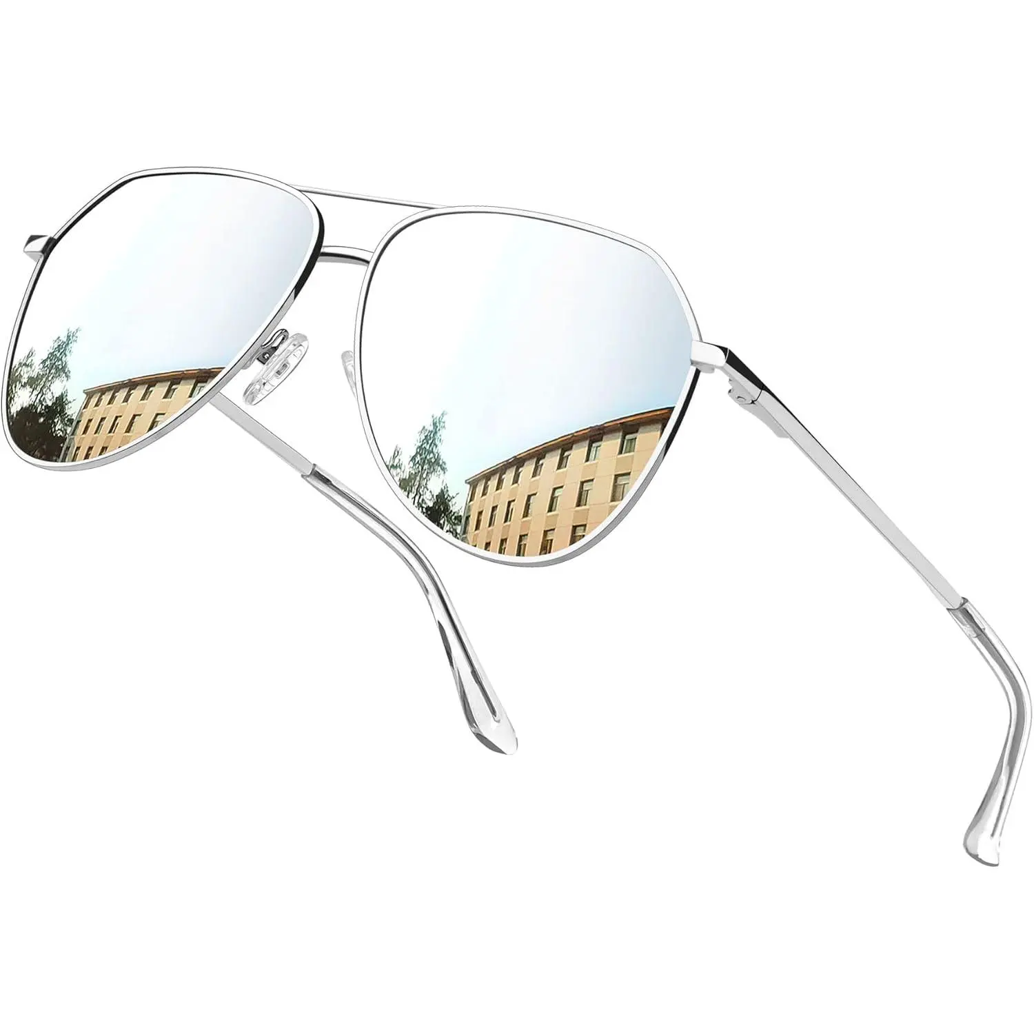 Oversized silver aviator sunglasses, polarized retro sunglasses, UV protection, military-style reflective lens sunglasses: clothing, footwear, and jewelry