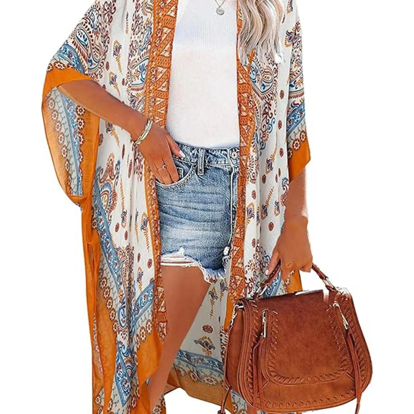 Women's Ethnic Pattern Kimono, Boho Casual Open Front Cover Up for Beach Vacation, Ladies Spring & Fall Clothes, Beach Cover Ups