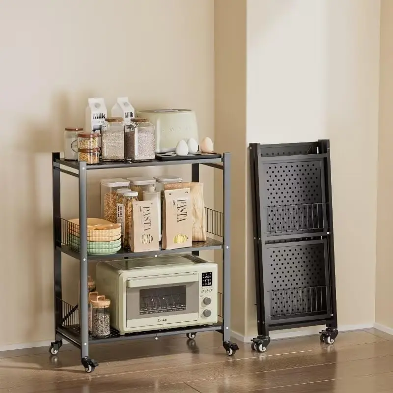 Folding Storage Shelves No Assembly, 3 Tier Metal Foldable Shelves with Wheels, Collapsible Rolling Storage Rack for Laundry Room Garage Small Spaces, Black