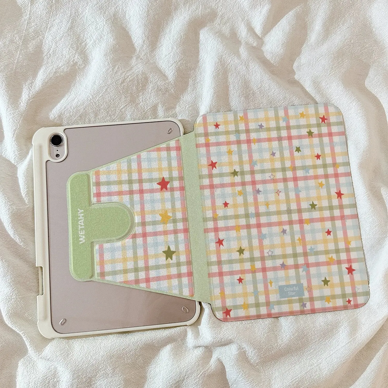 1PC Japanese Cream Plaid Star Printed 360° Rotating Hard Acrylic Durable Protection Case, Tablet Covers, Rotatable Tablet Cover, Adjustable Stand, Pencil Slot for Tablet iPad5, iPad6, iPad7, iPad8, iPad9, iPad10, Air2, Air3, Air4, Air5