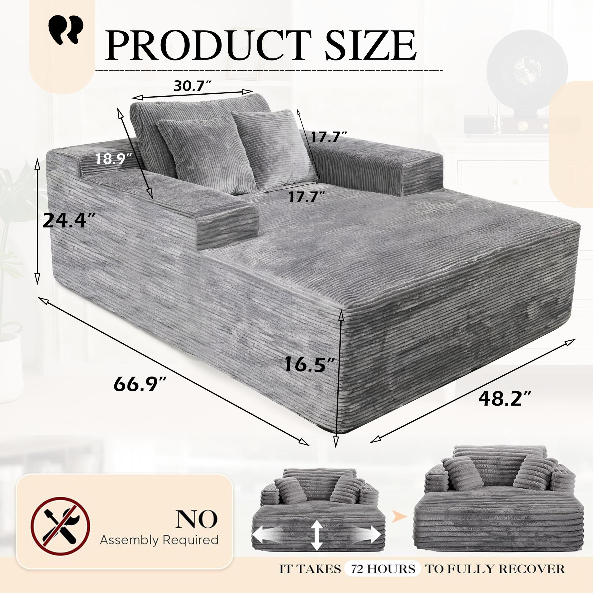 Modern L-Shaped Sectional Sofa with Chaise, Grey Corduroy Couch, Storage Pouches, Throw Pillows