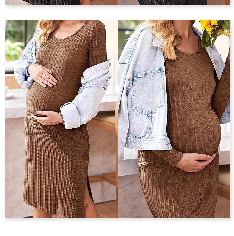 New style maternity dress, long-sleeved, loose-fitting on the sides, knitted ribbed maternity bodycon dress for autumn and winter