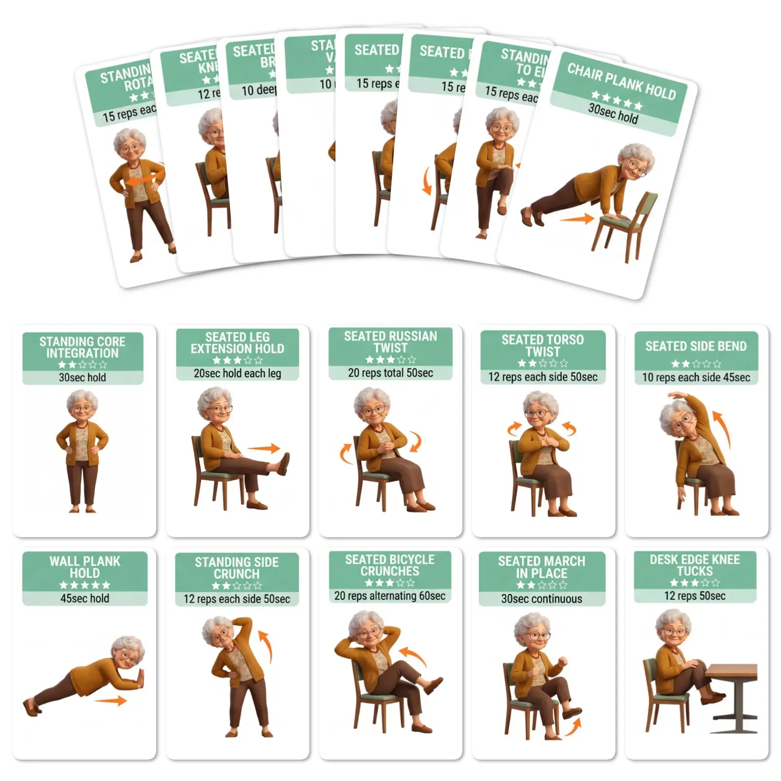 18 Office Desk Exercise Stickers, Remote Work Stretching Guide, Cute Elderly Woman Demo, Improve Sedentary Lifestyle, Office Health Gift