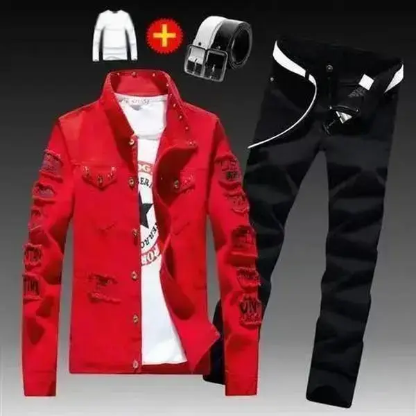 Spring Autumn Mens Denim Jacket + Jeans Pants Set Fashion Single Breasted Coat Trousers Two Piece Denim suit Clothes Fabric