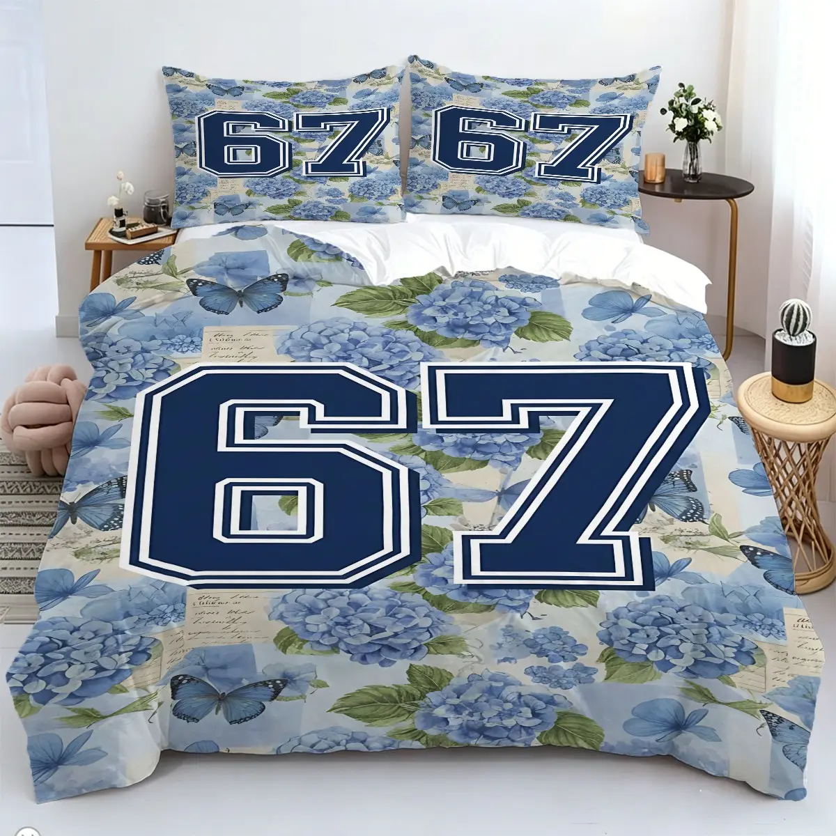 2/3Pcs Blue Hydrangea Number 67 Duvet Cover Set, Soft Breathable Bedding Set, Retro Floral Butterfly Print Bedding, Zipper Design for Easy Care, Suitable for A Pastoral Style Girl'S Bedroom or Dormitory, Suitable for All Seasons (Without Pillow Core).