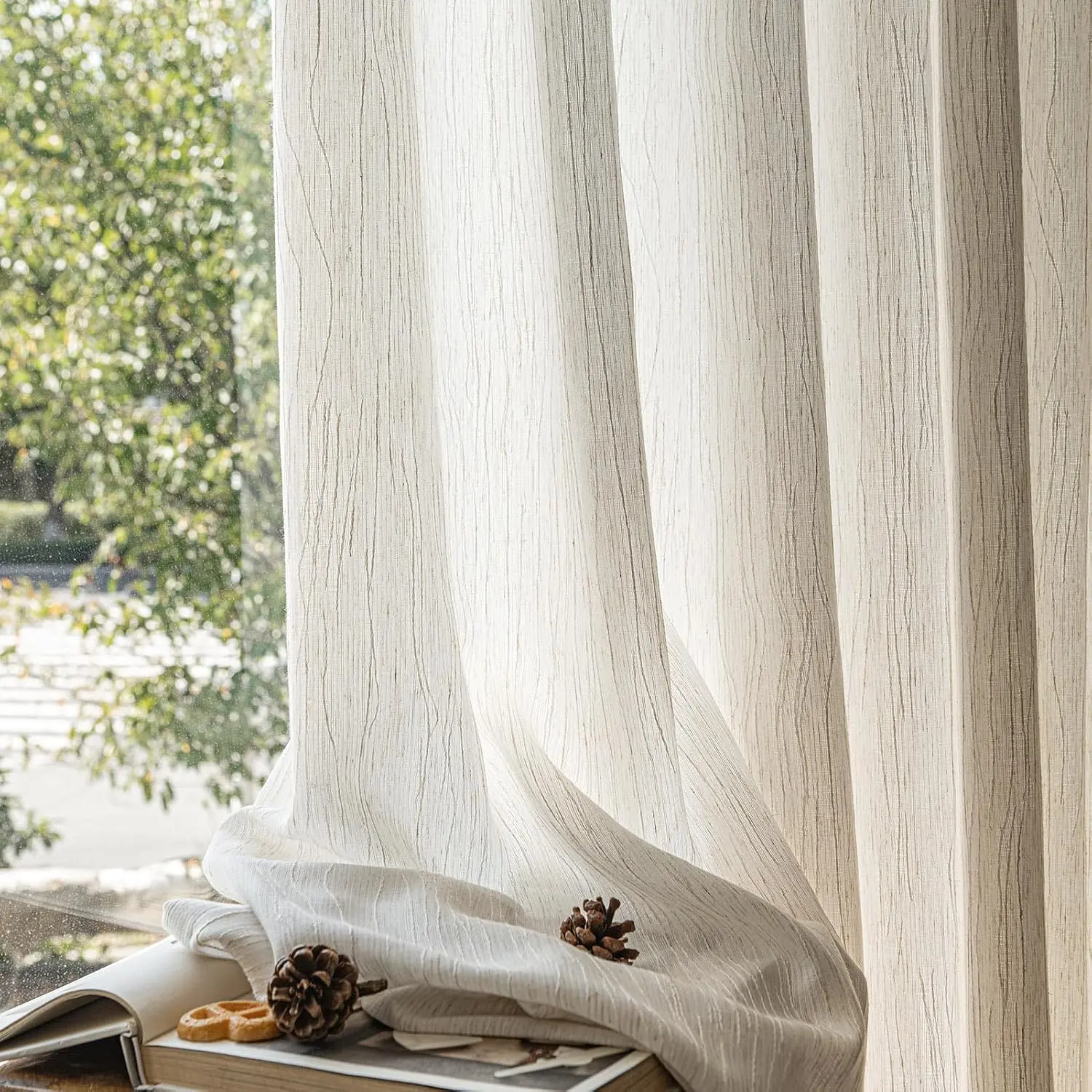 Rustic Crinkled Linen Textured Semi-Sheer Curtains 84 Inches 2 Panels | Vertical Grain,Light Filtering,Rod Pocket, Cottage Core,Window ,Drapes for Living Room Bedroom Dining Room