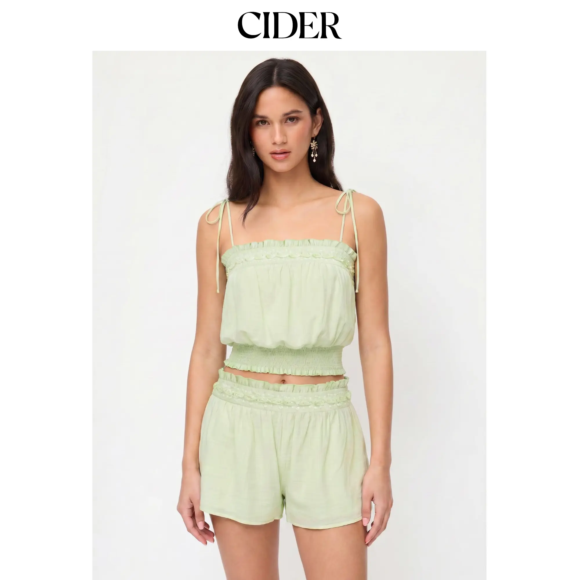 Cider Women's Cami Blouse - Textured Square Neck Tank with Appliques, Shirred Bodice & Ruffle Hem, Non Stretch, Appliques Women's Tanks & Camis, Ruffles, Sleeveless, Fitted, Tops