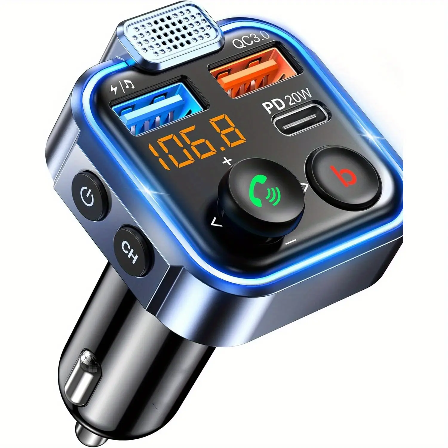 FM Transmitter in-Car Adapter, Type-C PD 20W+ QC3.0 Fast USB Charger, Wireless 5.3 Radio Car Kit, Hands-Free Calling, MP3 Player Receiver Hi Fi Bass, Support U Disk, Incar Charger, Vehicle Charging Adapter, Modern Car Accessory, Multifunctional Kit, Premi