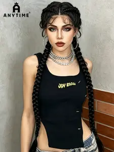 32 Inches Long Lace Front Synthetic Braided Wigs, Dutch Twins Braids Wig with Baby Hair, Heat Resistant, for Women