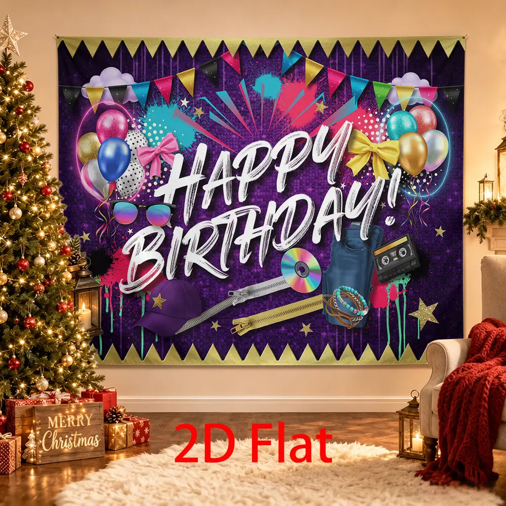 Retro Birthday Backdrop with Balloons, Bows, Denim, CDs and Colorful Party Decor