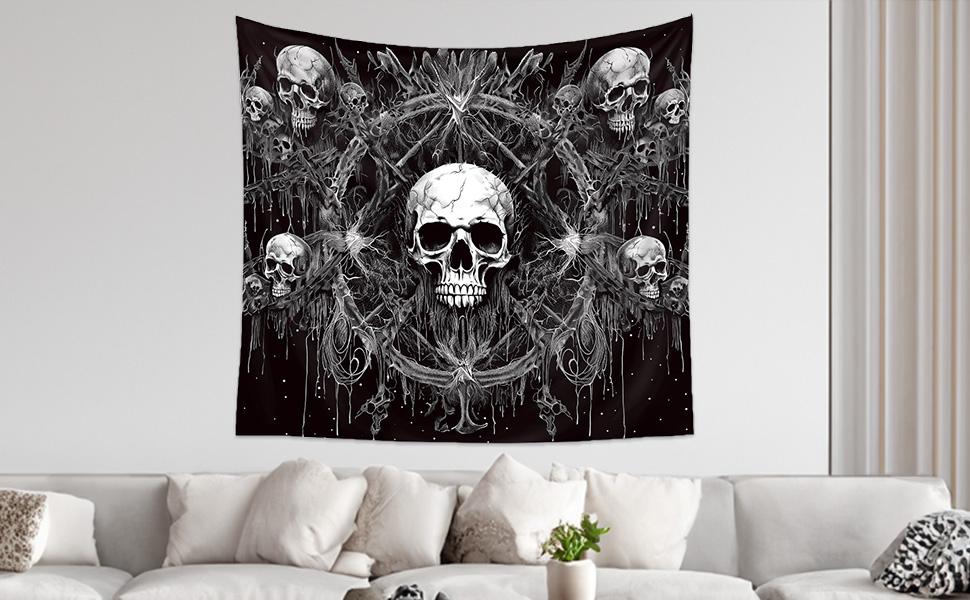 Skull Tapestry Gothic Black and White Tapestry wall hanging Dark Skeleton horror tapestry Aesthetic cool tapestry for bedroom Living Room Dorm (60 x 50 inches)