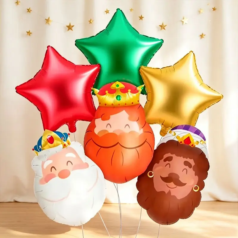 8-Piece Epiphany King Head Aluminum Foil Balloon Set, Star Balloons, Three Kings’ Portraits Balloons，Suitable for Three Kings Day family parties，Market Festival Decorations，Preschool Activities in Spanish-Speaking Countries，Store Holiday Display