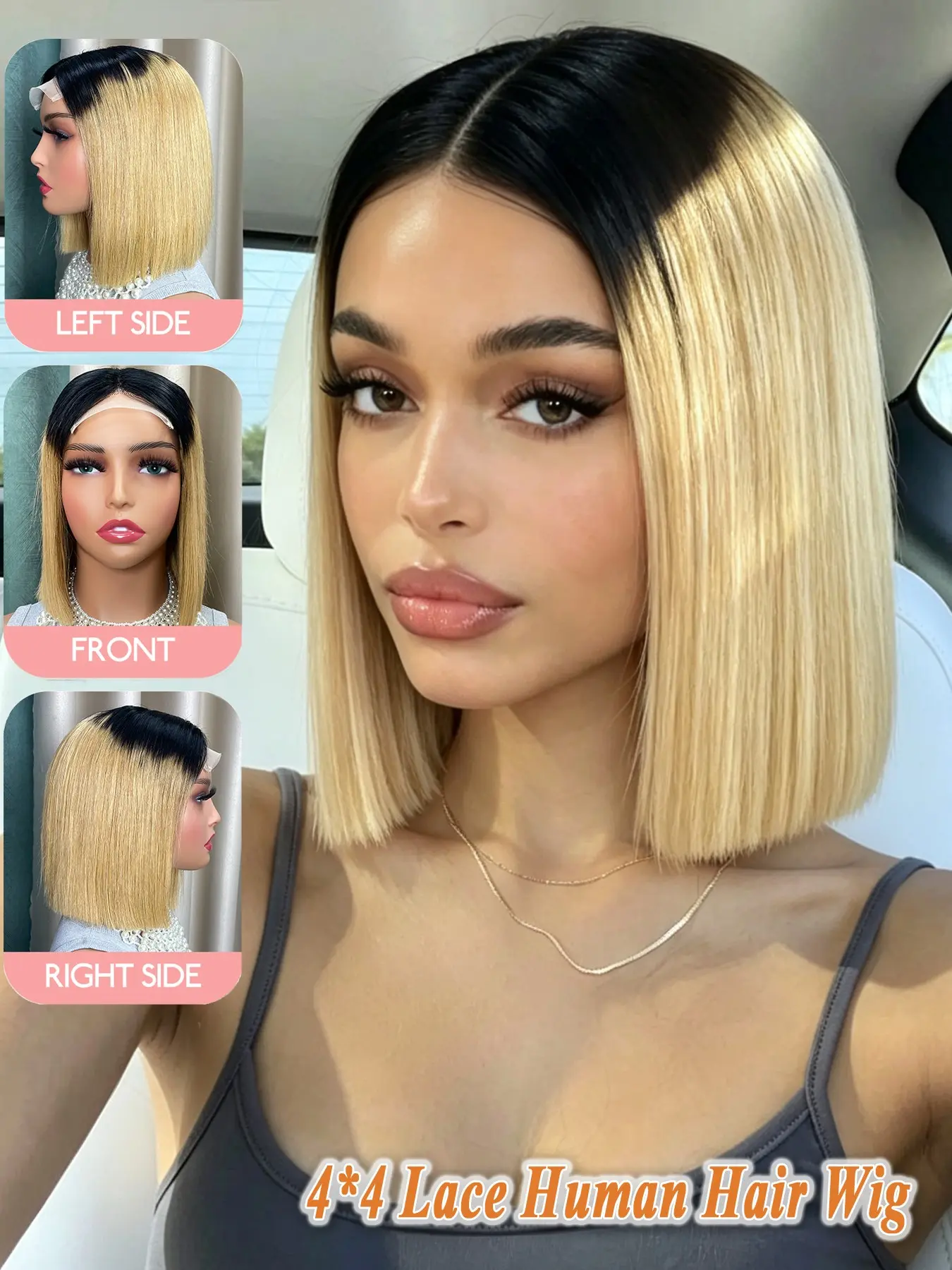 10 Inch Human Hair Straight Bob Wig - Classic Blunt Cut Fashion Color, 4x4 Lace Closure Natural Middle Part, Silky Smooth Lightweight Wigs for Women Daily Comfortable Wear