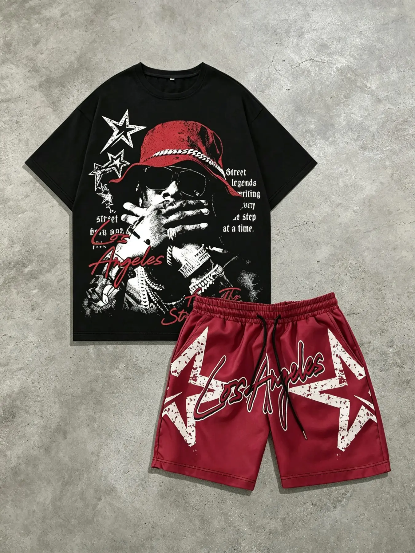 Men's Black & Red 2-Piece Los Angeles Streetwear Set, Oversized T-Shirt & Drawstring Shorts with Rapper Portrait & Star Print, Retro Y2K Co-Ord for Summer, Campus Looks, Casual Outings, Parties, Travel, and Relaxed Hip-Hop Styling