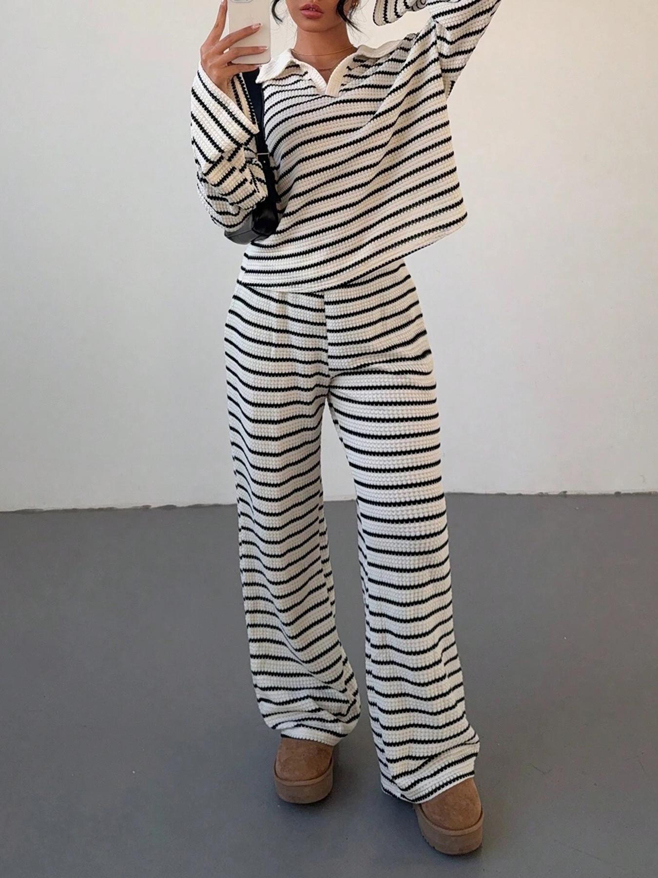 2-piece women's loose striped V-neck dropped shoulder long-sleeved T-shirt and elastic waist striped pants autumn and winter knitted suit