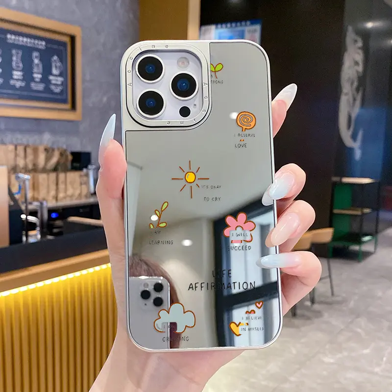 Luxury Electroplated 2-in-1 Mirror iPhone Case, Positive Affirmation Doodle Anti-Drop Protective Case for iPhone 12 to iPhone 17 Pro Max
