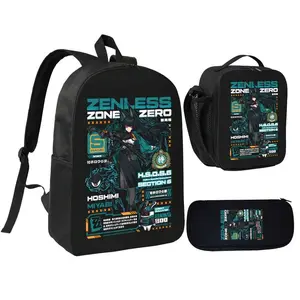 Zenless Zone Zero Starry Elegance functional letter-print black three-piece school bag set, including a backpack + insulated lunch bag + pencil case, suitable for daily use by students