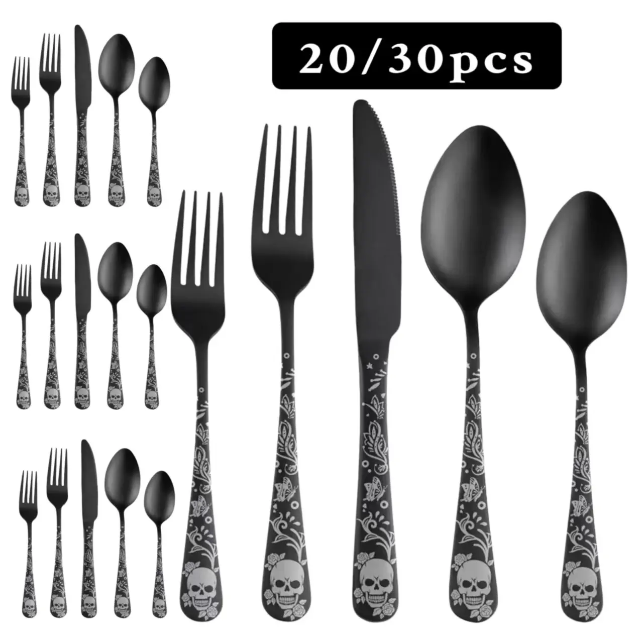 Halloween Cutlery Set, 20/30 Pieces, Gothic Design, Stainless Steel, Dishwasher Safe, for 4/6 People, Perfect for Halloween/festive Dining