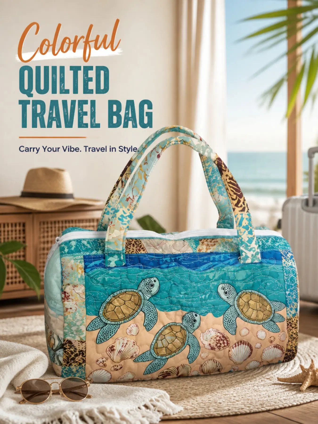 Beach Turtle Print Quilted Handbag, Large Capacity Soft Weekender Travel Bag, Lightweight Overnight Fitness Luggage, Ideal for Outdoor Trips