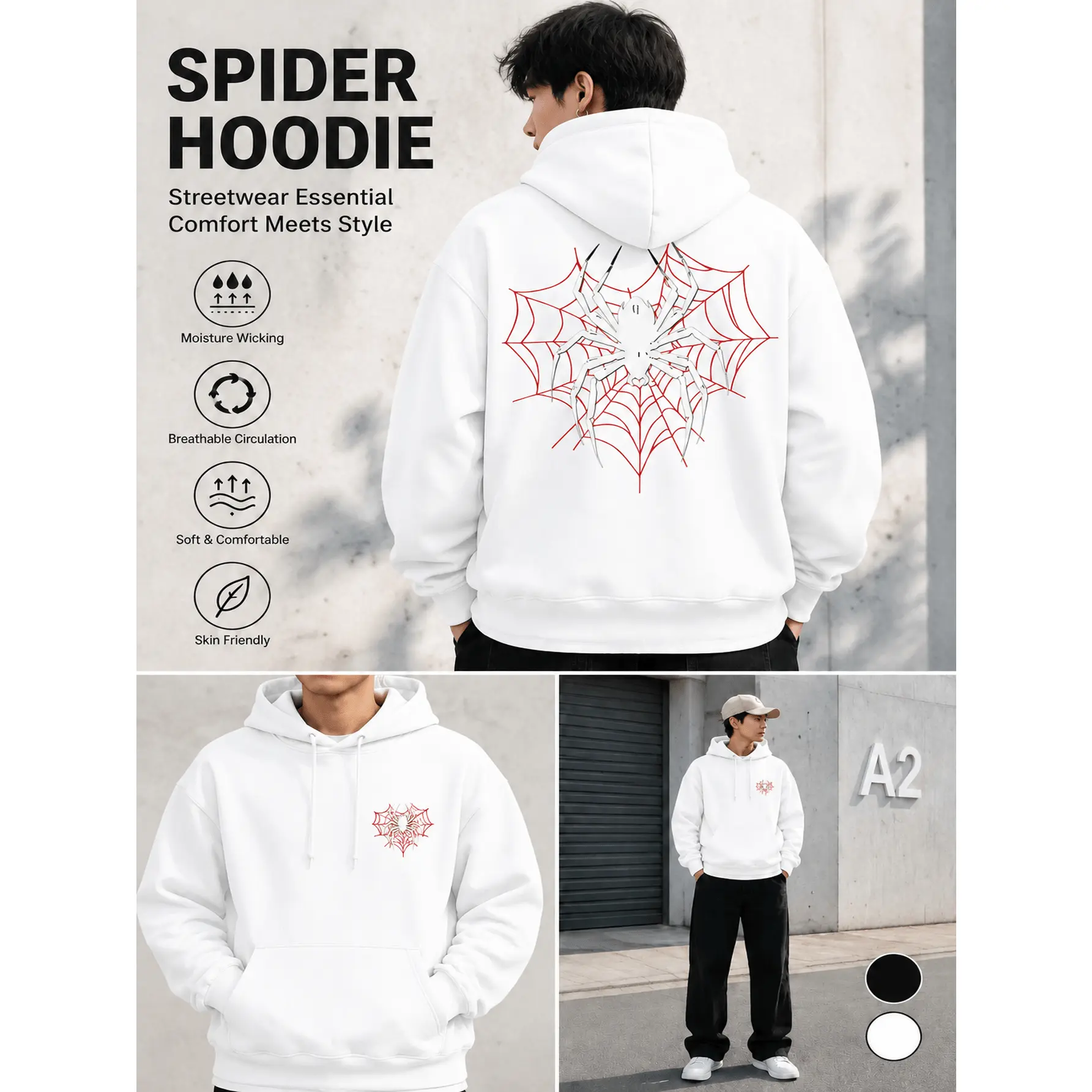 Spider Pattern Hooded Sweatshirt |   Comfortable and Breathable |   Street Style |   Casual Essential |   Couple Outfit |   Cool Design |   Classic Black |   Soft and Durable |   Moisture-Wicking |   Trendy