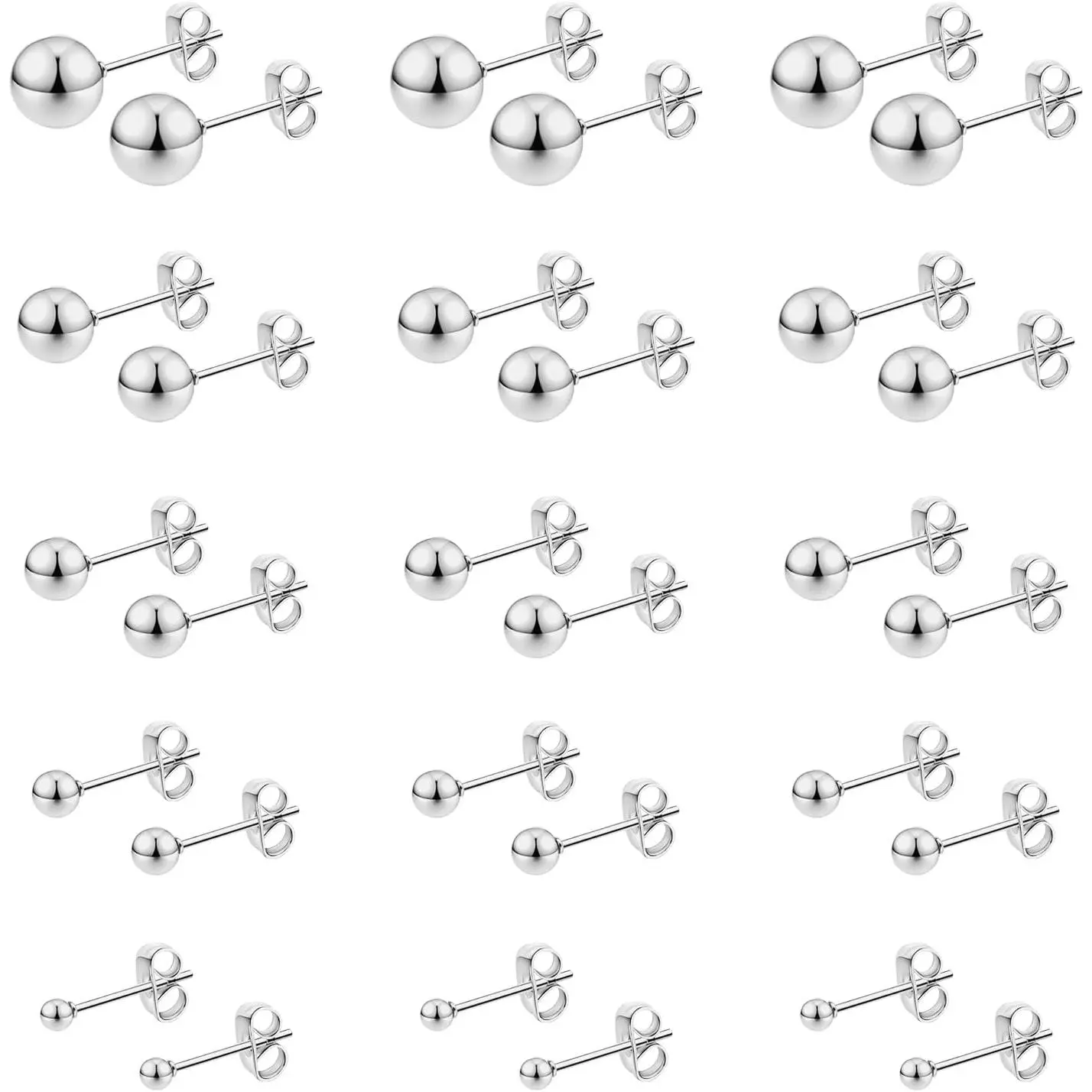 Stainless Steel Stud Earrings for Women & Men 15 Pairs Tiny Stud Earring Simple Polished Ball Studs Jewelry