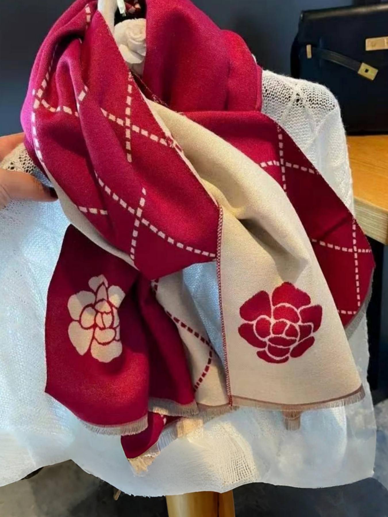 Women's High-End Light Luxury Camellia Imitation Cashmere Scarf, Fashion Evening Shawl, Elegant Soft Warm Winter Accessory, Floral Pattern Shawl