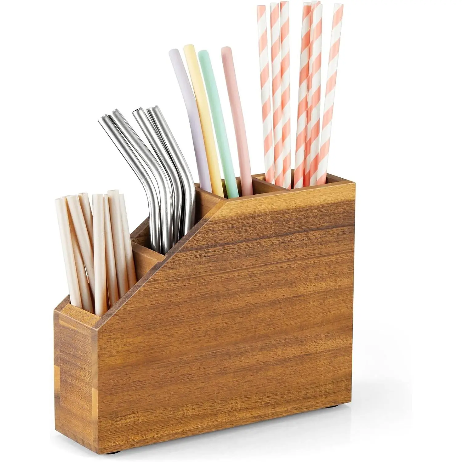 Straw Holder, Acacia Wood Straws Organizer, Cupboard Reusable Straws Dispenser for Kitchen Counter