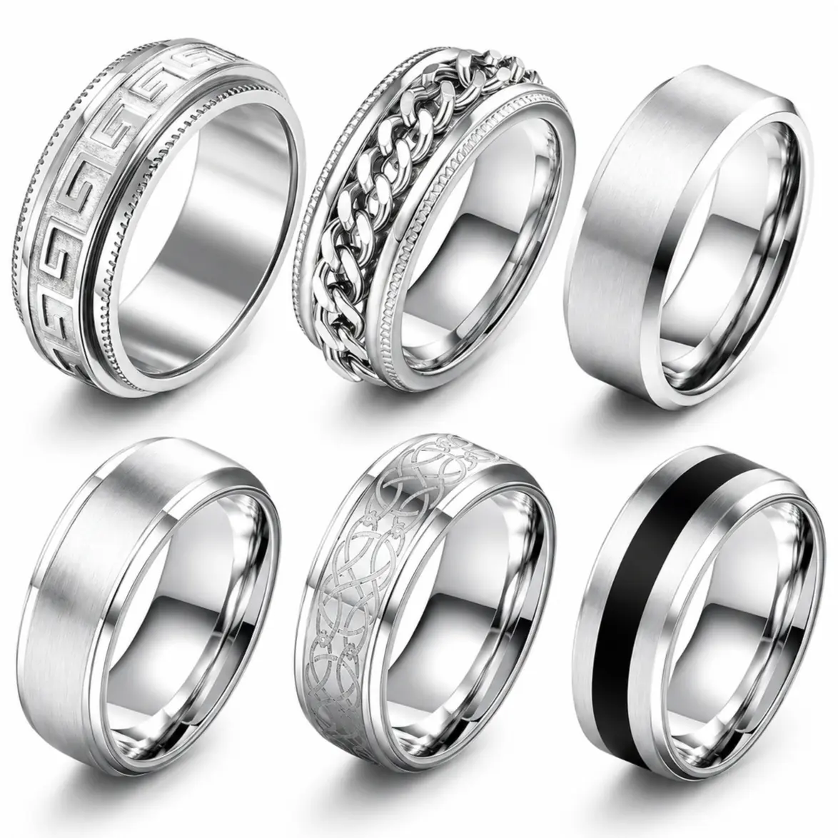 6 Pairs 316L Stainless Steel Mens Rings Set, 8mm Wide Band Stackable Rings with Spinner Design, Matte Finish and Black Inlay, Mens Jewelry Gift for Men Size 8-10
