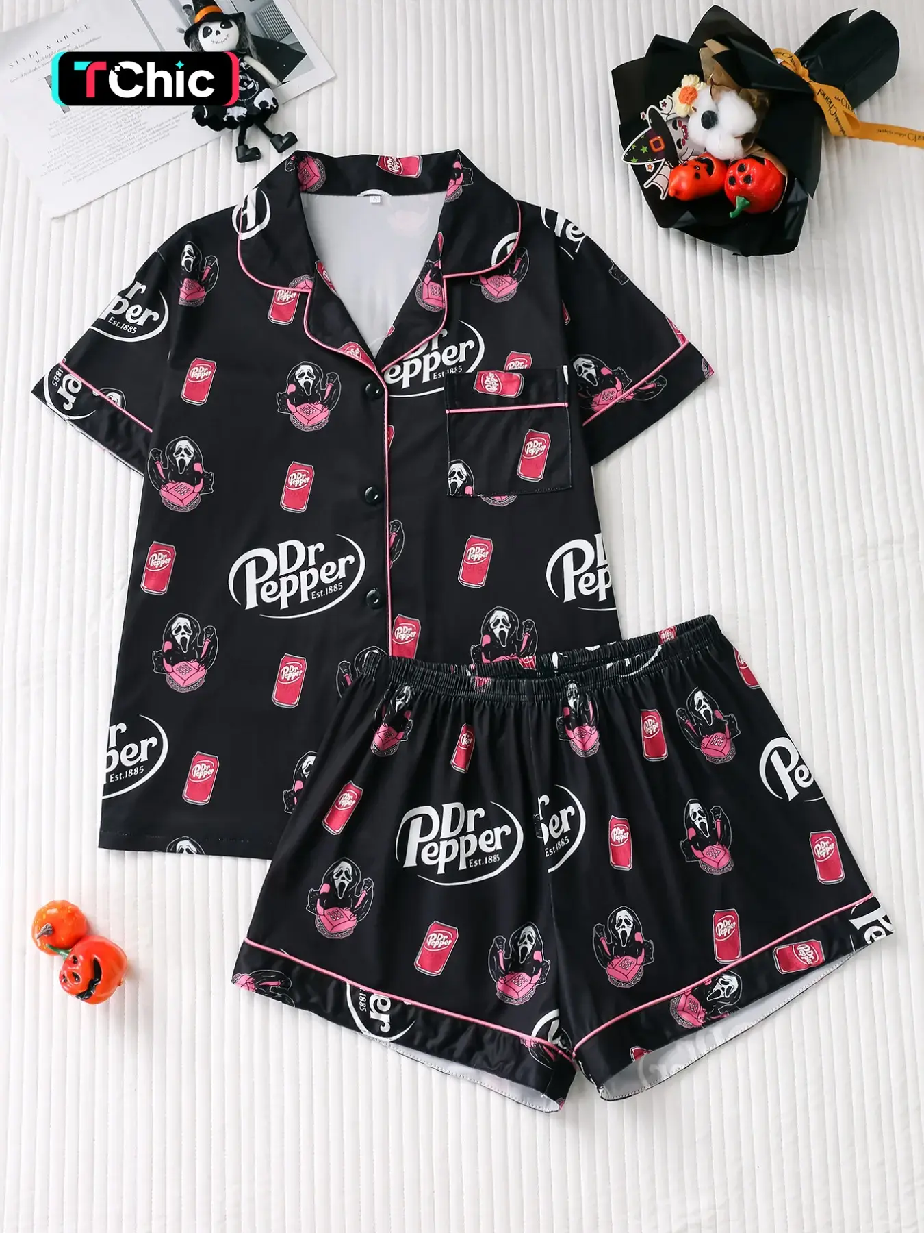 Women's Halloween Pajama Set, Loungewear Pjs, Gothic Skull Print, Button Front Short Sleeve Top, Loose Fit Shorts, Comfortable Sleepwear