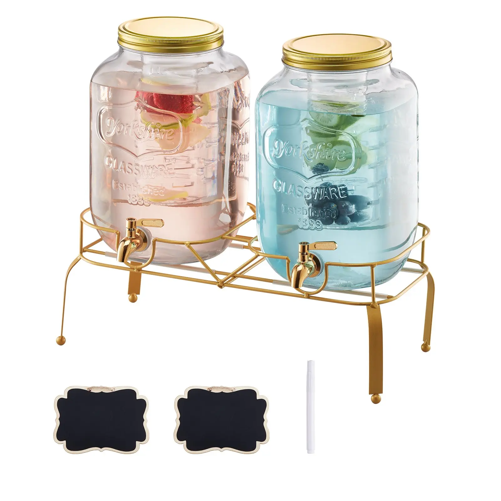 【Summerfinds】VEVOR Beverage Dispenser, 2 Pack 2 Gallon Drink Dispensers for Parties, Glass Juice Dispenser with Metal Stand, Stainless Steel Spigot, Infuser, Iced Tea Lemonade Juice Water Dispensers for Parties
