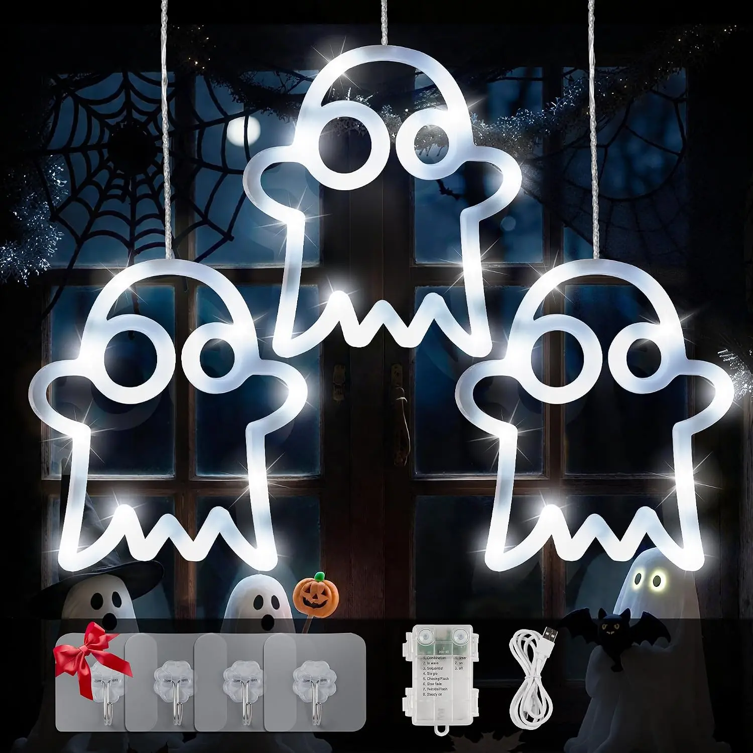 Halloween Decorations Lights, 39 LED 3 White  USB and   Window Lights with Timer, 8 Lighting Modes  Fairy Light for Halloween Indoor Outdoor Party Yard