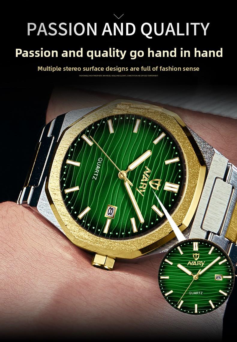 Men's Luxury Gold Octagonal Quartz Watch - Green Textured Dial with Date Display, Stainless Steel Band, Luminous Hands, Business Casual Dress Wristwatch, Perfect Gift for Him